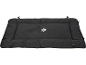 Black pet cushion with a white paw print and toggles.