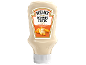 Bottle of fries sauce with a label showing fries with sauce.