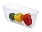 Transparent storage box with green, yellow, and red bell peppers