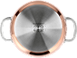 Copper pan bottom with induction, gas, electric, and ceramic hob symbols
