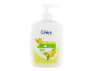 Liquid soap with olive, softens the skin, in a white bottle with a pump.