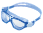 Blue swimming goggles with clear lenses and adjustable strap