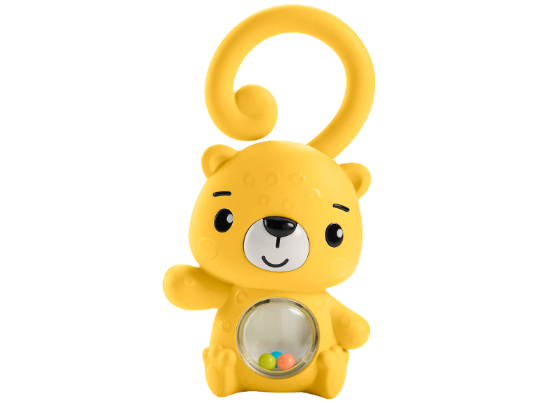 Yellow bear-shaped baby toy with a rattle and a hanging ring.