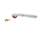 Kitchen knife with a red onion, garlic, and herbs.