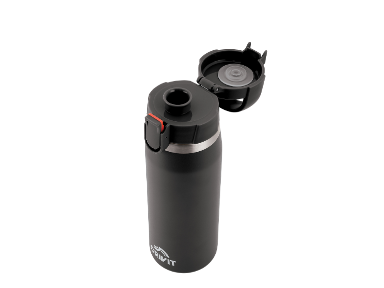Black insulated water bottle with an open flip-top lid and a red locking mechanism.