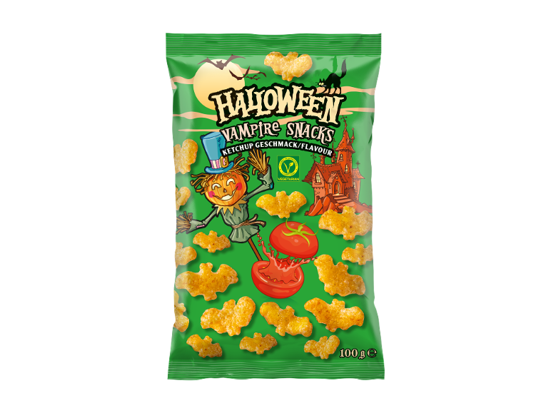 Halloween ketchup-flavored bat-shaped chips bag, featuring a scarecrow and a castle.