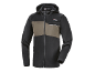Black and khaki softshell jacket with zipper and hood.