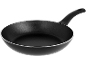 Black non-stick frying pan with a handle, viewed from above.
