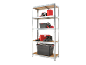 Metal shelving unit with a red jerrycan, toolboxes, safety boots, and gloves.