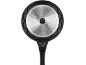 Bottom of a frying pan with an induction base and a black handle.