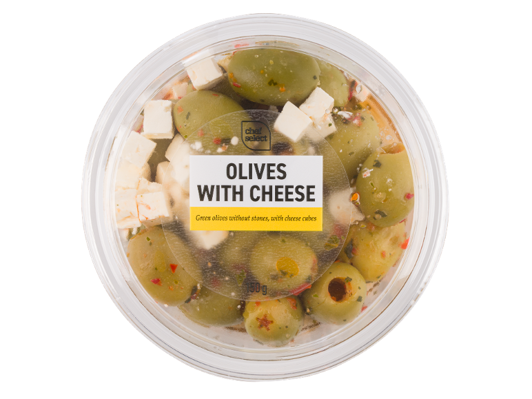 Green olives without stones with cheese cubes in a transparent container, 150 g.