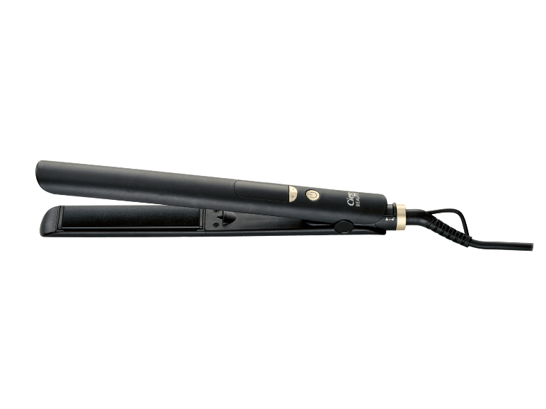 Black hair straightener with gold buttons and 'BEAUTY' text.
