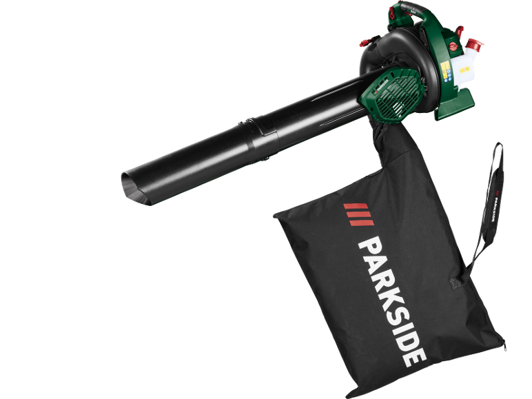 Green and black leaf blower with a collection bag.