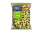Wasabi flavoured crispies, crispy coated peanuts in a green and brown bag, Japanese style.
