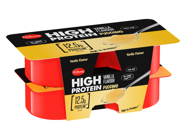 Two packs of vanilla high protein pudding, 12.5g protein per pot, low fat, no added sugar.