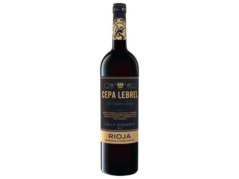 Bottle of Gran Reserva Rioja 2011 red wine with a black label and gold text.