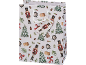 White Christmas gift bag with nutcrackers, Christmas trees, and clocks.
