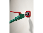 Green and red wall support tool with handle, fixed to a white wall.