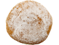 Donut with powdered sugar on a black background.