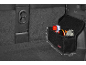 Black car trunk organizer with cleaning supplies and an umbrella, with dimensions.