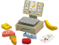 Toy cash register with scale, banana, apple, fish, meat, cheese, and carrot.