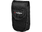 Black textile pouch with a mesh pocket and white lettering on the flap.