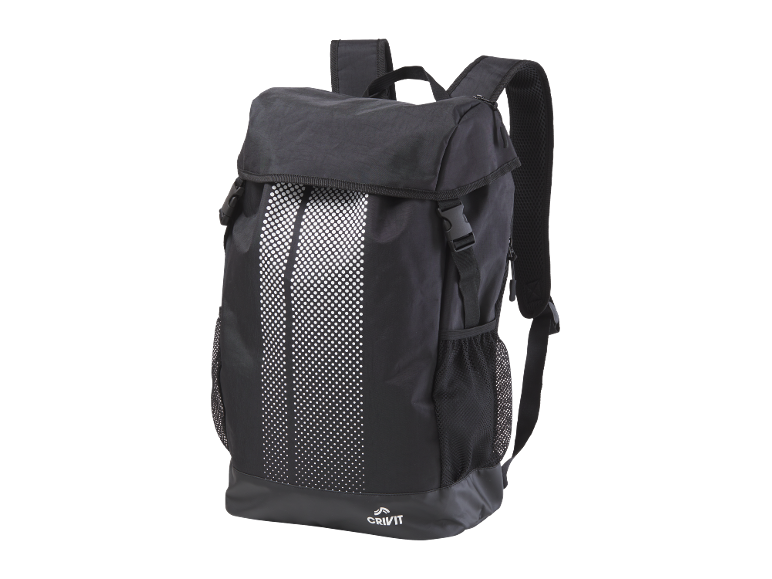 Black backpack with white dotted stripes and a logo at the bottom.