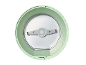 Top-down view of a blender base with a light green rim and a silver blade.