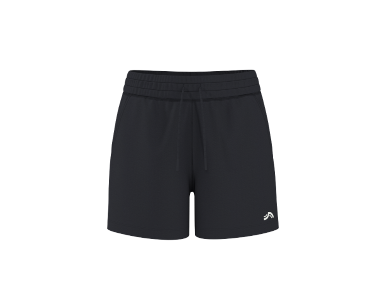 Black athletic shorts with a drawstring and a white logo.