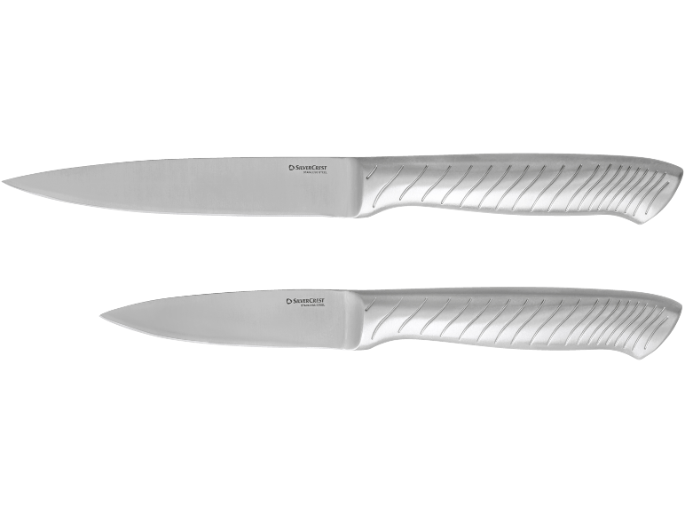Two stainless steel kitchen knives with grooved handles, one above the other.