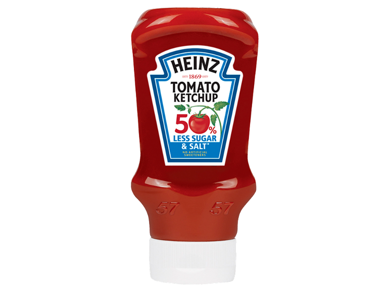 Tomato ketchup bottle with 50% less sugar and salt.