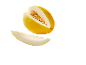 Yellow melon cut in half with seeds and a melon slice.
