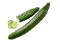 Fresh green cucumbers, one whole, one cut in half, and two slices, on a black background.