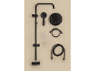 Black shower set with overhead shower, hand shower, hoses, and mounting accessories.