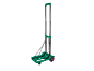Green foldable transport trolley with telescopic handle and black wheels.