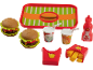 Toy fast food set with burgers, fries, drinks, ketchup, and tray