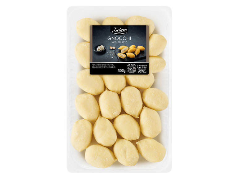 Potato gnocchi with truffle filling in a 500g package, showing nutritional information.