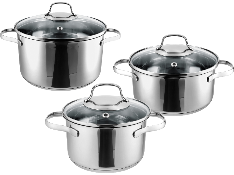 Three stainless steel pots with glass lids on a black background.