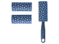 Lint roller with blue handle and two replacement rollers with white polka dots.