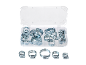 Hose clamp kit in a clear organizer, with several clamps below.