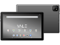 Front and back view of a gray tablet with the screen showing the home screen.