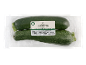 Two green courgettes packaged in a transparent plastic tray.