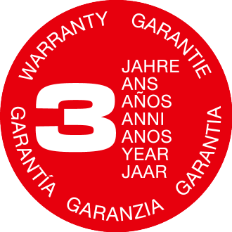 Red seal with the text '3 years warranty' in multiple languages.