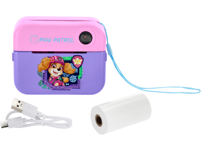 Pink and purple children's camera with a puppy image, USB cable, and paper roll.