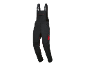 Black work overalls with red stitching and details.