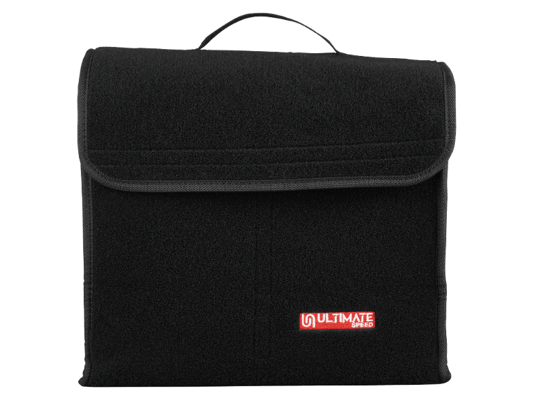 Black felt storage bag with a red logo