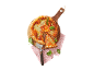 Tomato and cheese pizza with basil leaves, on a wooden board with a pizza cutter.