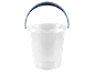 Transparent plastic bucket with a grey handle on a black background.