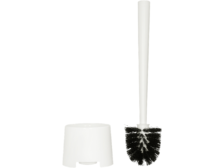 White toilet brush with black bristles and a white holder.