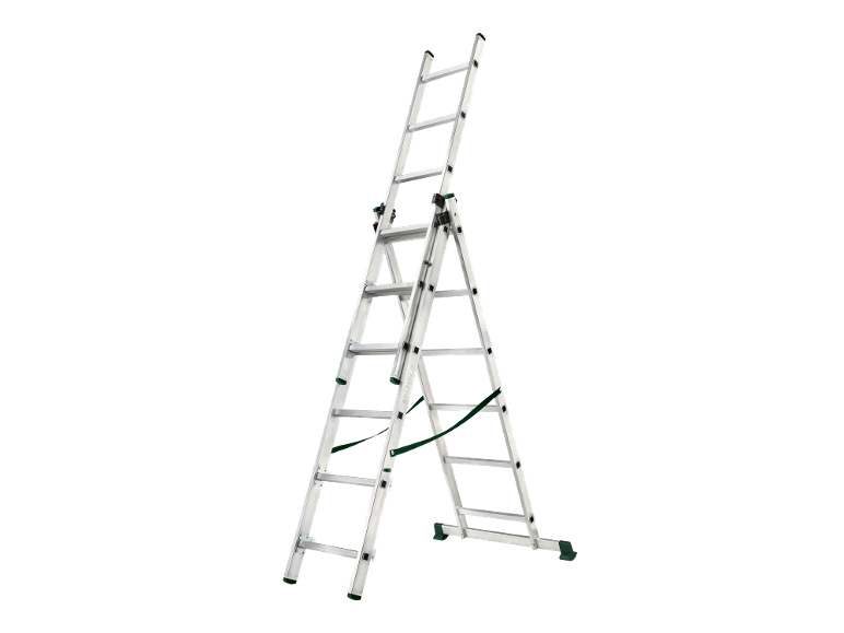 Multifunctional aluminum telescopic ladder with green safety straps, in 'A' position.